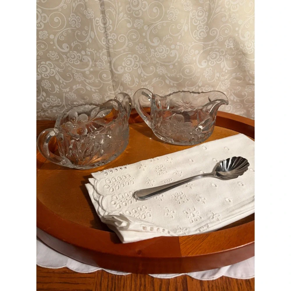 ABP  Floral Pressed Glass Creamer and Sugar Bowl Set